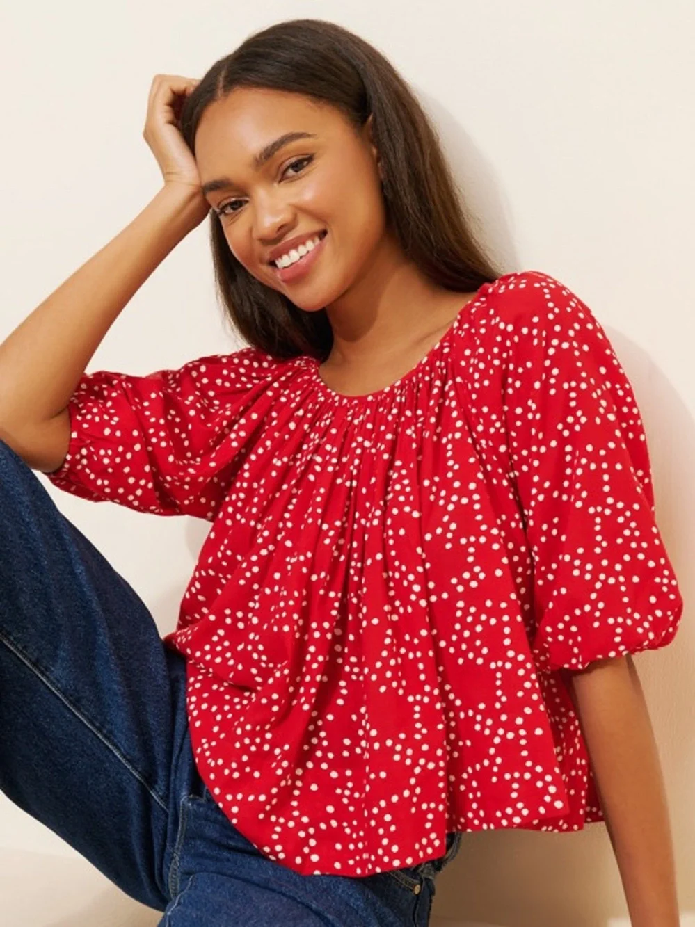MADEWELL S Shirred Puff-Sleeve Top in Dot • Festival Red Classic Scattered Dots
